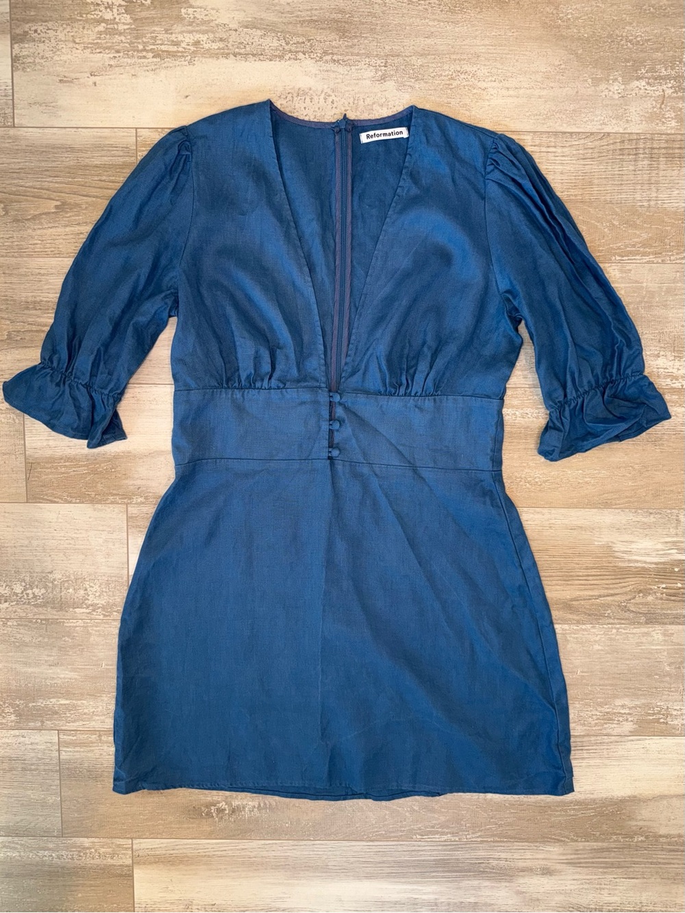 Reformation Blue Deep V-Neck Mini Dress Puff Sleeve Button Romantic Cottagecore
